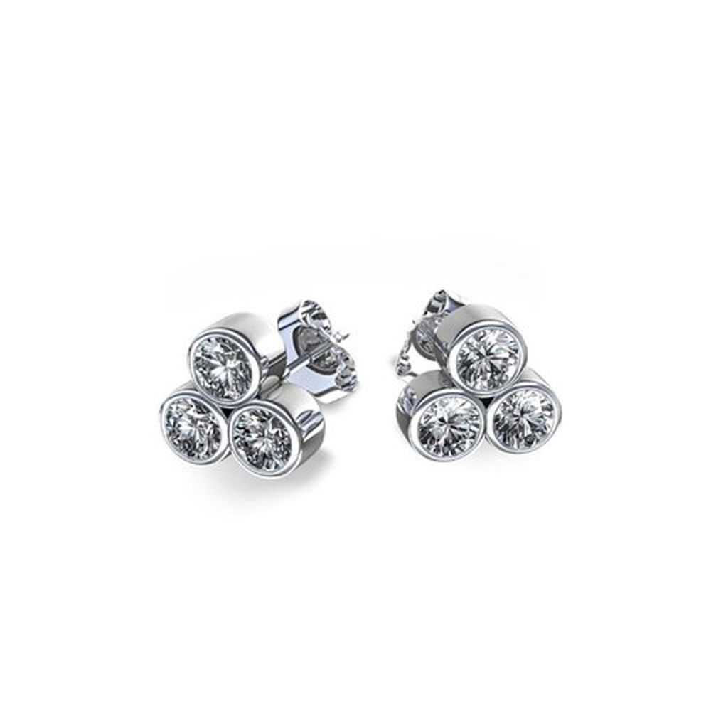 New 1.20 Ct Lady's Three Stone Bezel Set Diamond Stud Earrings White Gold G/Si1